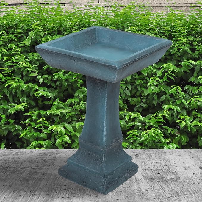 Sunnydaze 23” H Concrete Bird Bath for Outdoors - Simply Square Garden Bird Bath with Glass Fiber Reinforced Concrete Construction - Patina Green