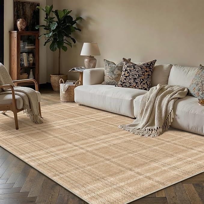 5x7 Brown Plaid Living Room Area Rug | Washable, Low Pile, Modern, Neutral, Soft, Non Slip, Rug for Bedroom Dining Room Nursery Office Indoor Home Decor