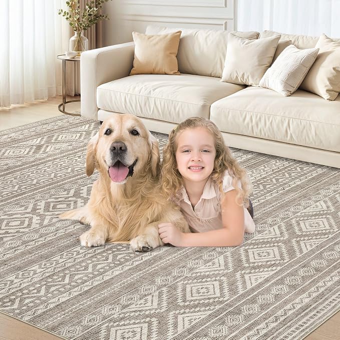 cotiled Boho 12x15 Area Rug for Living Room: Large Moroccan Washable Rug | Solve Modern Neutral Trendy Home Decor - Stain Resistan Carpet for Bedroom Farmhouse Coffee Brown