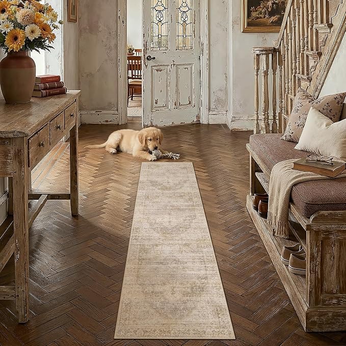 2x8 Beige Farmhouse Runner Rug | Washable, Non Slip, Soft Low Pile, Neutral Vintage, for Hallway Kitchen Laundry Bathroom Bedroom Living Room Home Decor