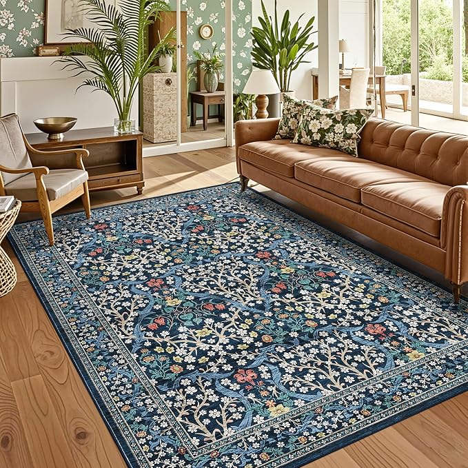 GarveeHome Blue Floral 8x10 Washable Area Rug Living Room Bedroom | Vintage Stain Resistant Rugs for Large Room Low-Pile Non-Slip Carpet Soft Stain Resistant Botanical Boho Rug TPE Backing