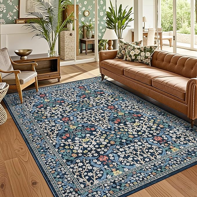 GarveeHome Blue Floral 5x7 Washable Area Rug for Living Room Bedroom | Vintage Stain Resistant Rugs for Large Room Low-Pile Non-Slip Carpet Soft Stain Resistant Botanical Boho Rug TPE Backing