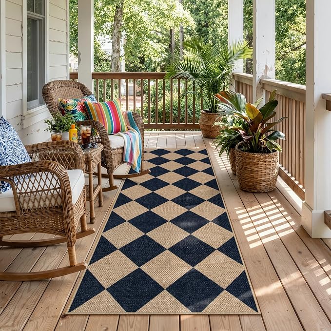 Lahome Checkered Easy Jute Non Slip Runner Rug, 2x6 Kitchen Runner Rug Washable Outdoor Rug for Entryway Indoor, Checkerboard Black Indoor Outdoor Carpet for Hallway 6ft Entry Front Door