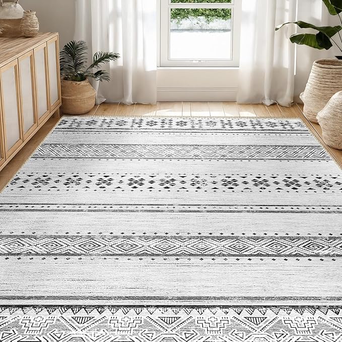 6x9 Area Rugs for Living Room Washable Moroccan Farmhouse Neutral Geometric Low Pile Non-Slip Soft Print Pattern Rug for Bedroom Kitchen Dining Room Entryway Grey/Black/Navy | Vacuum Friendly, Machine Washable, Non-Slip Rug, Stain Resistant, Moroccan G...