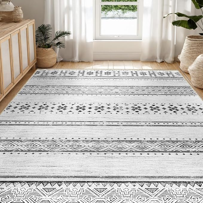 8x10 Washable Area Rugs for Living Room Boho Bedroom Rug Grey/Black/Navy | Vacuum Friendly, Machine Washable, Non-Slip Rug, Stain Resistant, Moroccan Geometric, Low Pile Carpet, Dining Room Kitchen