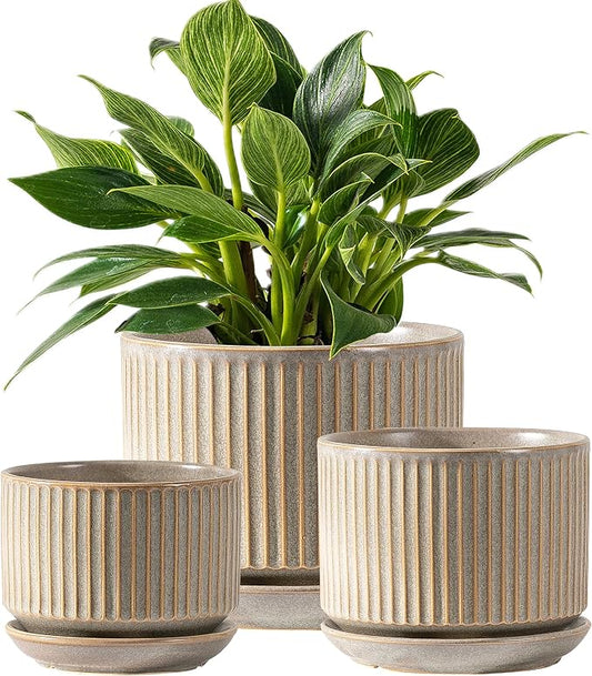 SURE YUESI Ceramic Plant Pots Set of 3, Indoor Outdoor Planters with Drainage Hole and Saucer, Ceramic Flower Pots for Indoor Plants, 4.3+5.5+6.8 Inch, Home, Garden, Patio and Office, Matte Grey