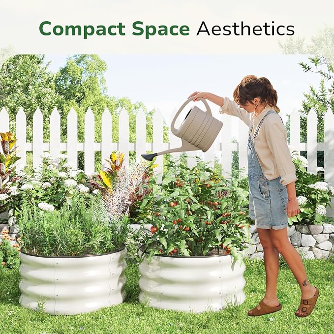 GreatBuddy 2x2x1 ft Round Galvanized Raised Garden Bed, Easy-Assembly Raised Bed with Anti-Cut Gloves & Tools, Rust-Proof Garden Bed for Outdoor, Vegetables, Herbs, Small Trees, White