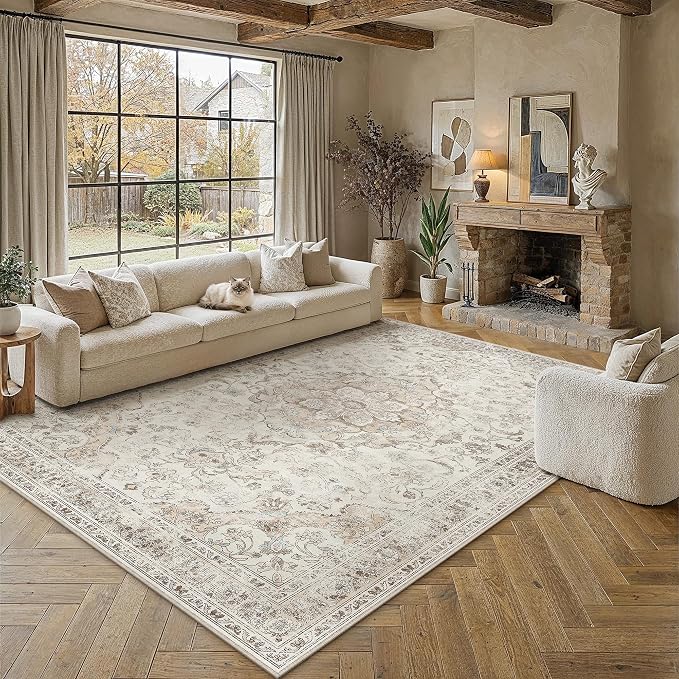 Beige Area Rug 6x9 Living Room Vintage Floral Non-Slip Carpet | Machine Washable, Soft, Low Pile, Distressed, Large for Bedroom, Dining Room, Office, Retro Neutral Decor