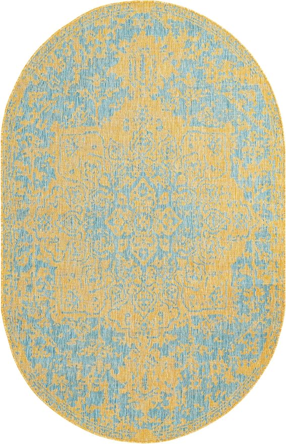 Unique Loom Jill Zarin Jill Zarin Outdoor Collection Area Rug - Dubai (5' 3" x 8' Oval, Yellow and Aqua/Light Blue)
