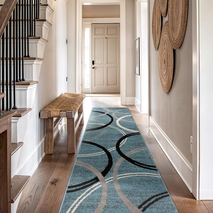 Rugshop Wavy Circles Modern Non-Shedding Runner Rug Blue 2' x 7'2" | Runner, Size 2' x 7'2", Living Room, Bedroom, Dining Room, Home Office, Kitchen, Entryway, Hallway, Nursery, Kids Room
