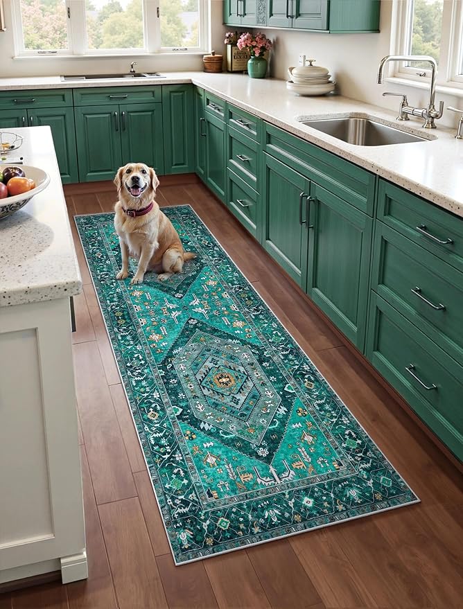 SERISSA 3x7 Washable Non Slip Boho Runner Rug for Hallway，Teal | Ultra Soft Vintage Oriental Carpet Low-Pile Distressed Tribal Floor Carpet for Kitchen Bedroom Entryway Laundry Room