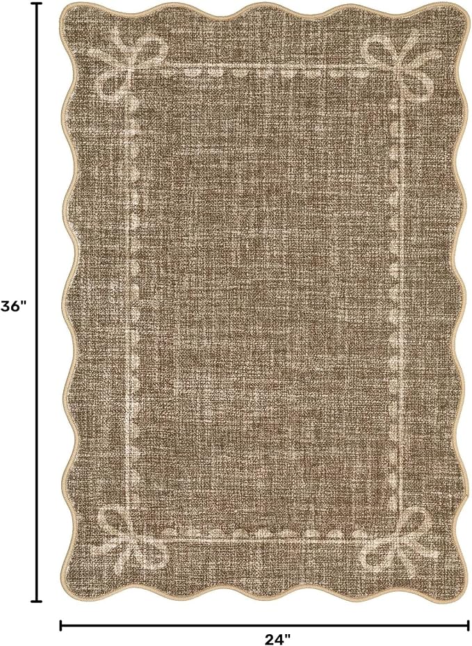 GarveeHome Scalloped Entryway Rug 2x3 Washable Front Door Bow Rug, Brown | Non Slip Soft Low Pile Ultra-Thin Stain Resistant Indoor Carpet for Girls Dorm Nursery Bedroom Decor Hallway Kitchen Floor