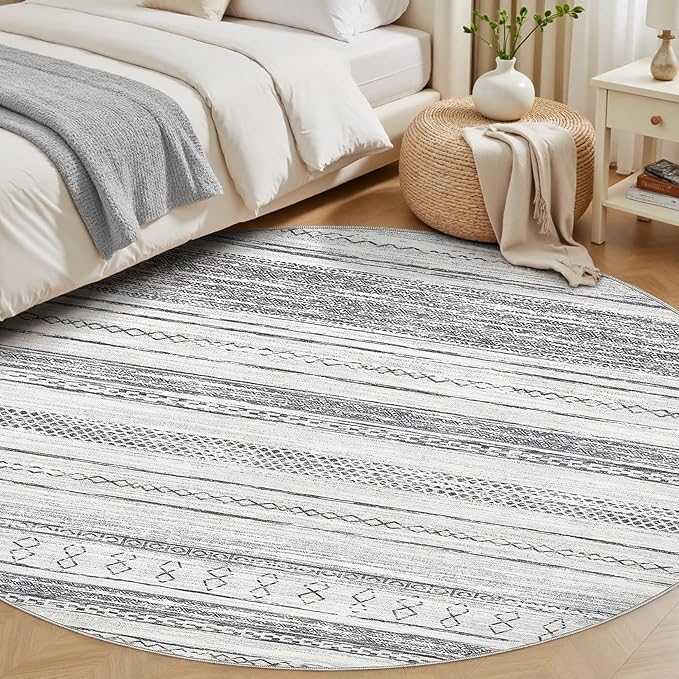 Tortania 5' Round Area Rug Living Room Rugs - Washable Large Soft Neutral Boho Moroccan Bohemian Farmhouse Rug Indoor Floor Carpet for Bedroom Under Dining Table Home Office Decor - Grey