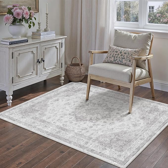Grey 3x4 Washable Area Rug Entryway Vintage Oriental Doormat | Soft Low Pile, Non Slip, Stain Resistant, Floral Medallion, Neutral Retro Decor for Kitchen, Bathroom, Bedroom, Office