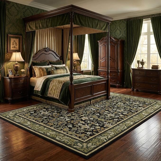GarveeHome 8x10 Area Rugs for Living Room: Washable Bedroom Rug Green Black | Boho Vintage Non Slip Soft Low Pile Stain Resistant Indoor Carpet for Farmhouse Dining Room Nursery Home Office