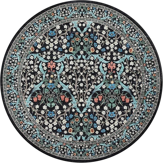 GarveeHome Black Floral 4 ft Round Rug Washable Non-Slip Soft Low Pile Small Circle Carpet Vintage Rugs for Kitchen Bedroom Nursery Dining Living Room