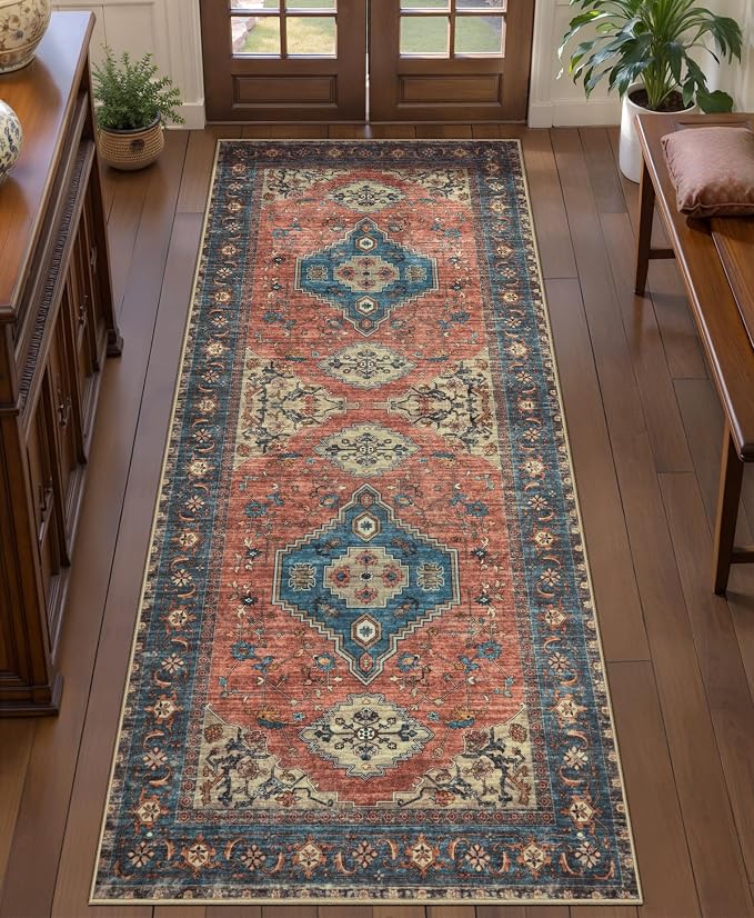 Tangsoo Vintage 2x5 Washable Runner Rug for Hallways, Non Slip Runner Rug | Soft Low Pile 2x5 Rug Runner, Print Distressed Carpet Runners for Entryway Bedroom Kitchen Bathroom Living Room Terracotta