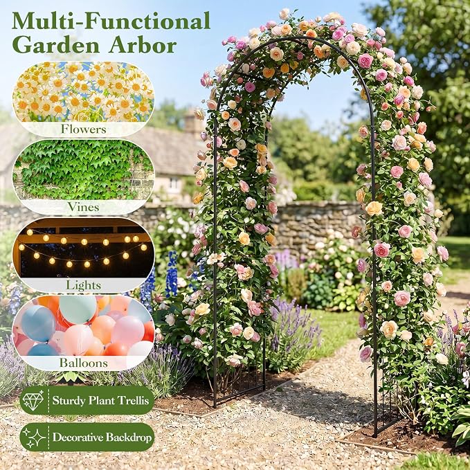 Giantex Metal Garden Arbor Arch Trellis for Climbing Plants, 87" Decorative Outdoor Archway with Powder-Coated Heavy Duty Frame, Wedding Arbor for Ceremony, Party, Backyard, Lawn Decor