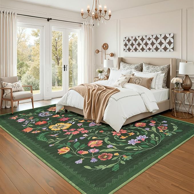 GarveeHome Washable Rug 4x6 Area Rugs for Living Room, Floral Rug for Bedroom, Soft Boho Non Slip Throw Rugs with Rubber Back, Low Pile Stain Resistant Vintage Floral Carpet for Dining Room, Green