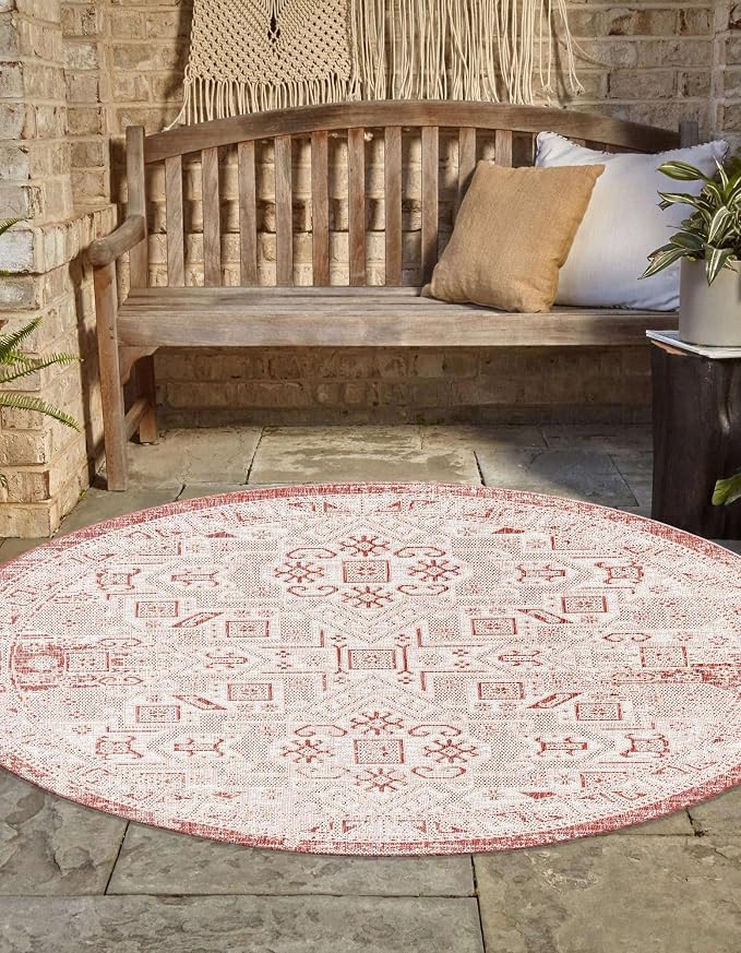 Unique Loom Outdoor Aztec Collection Area Rug - Coba (5' 3" Round, Rust Red/ Ivory)