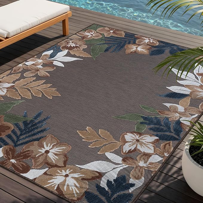 Outdoor Rug 9x12 Washable Area Rugs Indoor Outdoor Carpets Brown Border Floral Non Shedding Waterproof Easy Clean Patio Deck Porch Living Room Bedroom Garden RV (9 X 12 Brown)