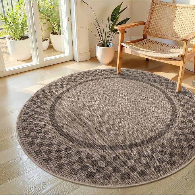 GarveeHome 6ft Washable Round Rug for Entryway Checkered Bedroom Circle Rug | Non Slip Soft Dining Room Throw Carpet Large Stain Resistant Border Round Rugs for Living Room Kitchen Bathroom, Brown