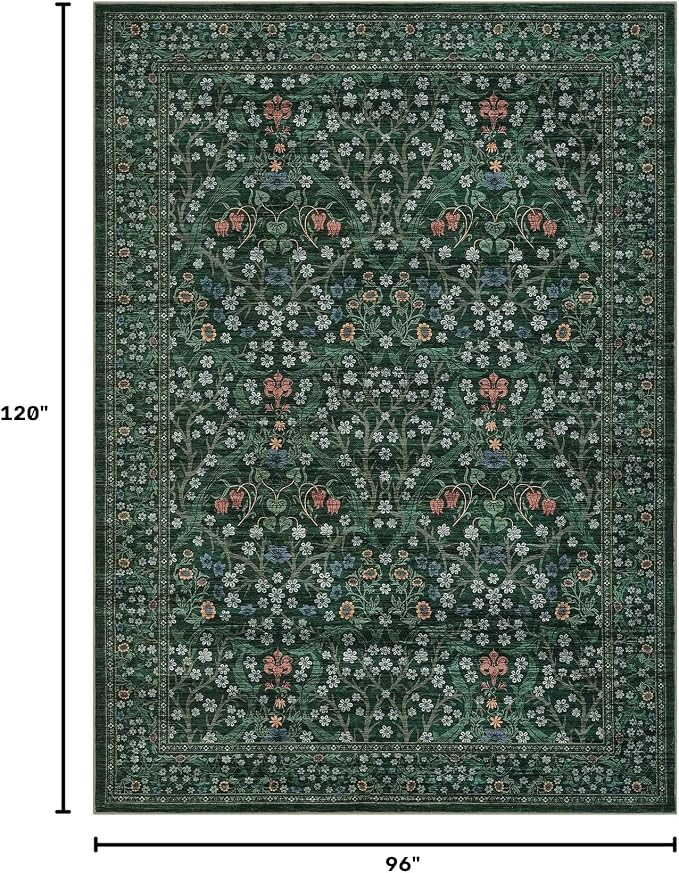 GarveeHome Dark Green Floral 8x10 Washable Area Rug Living Room Bedroom | Vintage Stain Resistant Rugs for Large Room Low-Pile Non-Slip Carpet Soft Stain Resistant Botanical Boho Rug TPE Backing