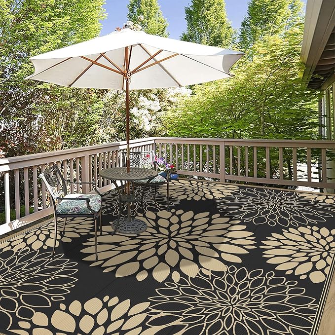 Ileading Waterproof Outdoor Rug 8x10, Reversible Plastic Straw Patio Rug, Portable Indoor Outdoor RV Camping Mat Carpet for Deck, Porch, Balcony, Backyard, Picnic, Floral Black