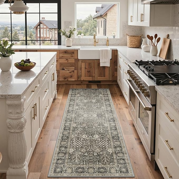 2.5x6 Kitchen Runner Rug, Washable Non Slip, Beige Brown | Vintage Floral Design, Spill Resistant Lightweight Low Pile Carpet for Hallway, Bedroom, Laundry Room, Bathroom