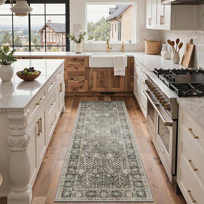 2.5x8 Kitchen Runner Rug, Washable Non Slip, Beige Brown | Vintage Floral Design, Spill Resistant Lightweight Low Pile Carpet for Hallway, Bedroom, Laundry Room, Bathroom