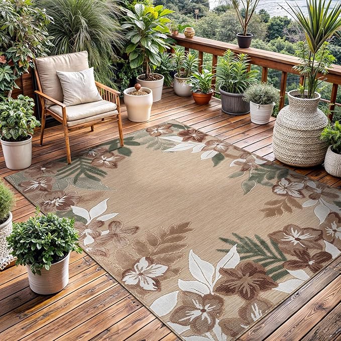 Outdoor Rug 10x14 Washable Area Rugs Indoor Outdoor Carpets Beige Border Floral Non Shedding Waterproof Easy Clean Patio Deck Porch Living Room Bedroom Garden RV (10 X 14 Beige)