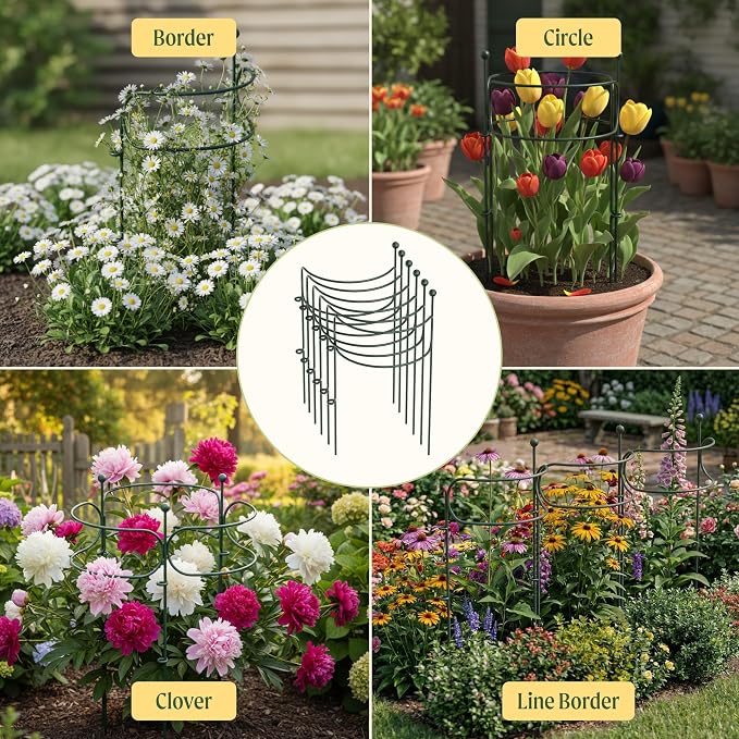6 Pack Curved Plant Support Stakes, Dual Half Round Metal Garden Plant Stake, Peony Cages and Supports, 10"(W) x 34" (H) Flower Support Ring for Peonies, Hydrangea