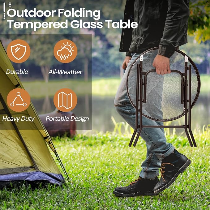 Foldable Side Table with Tempered Glass Top 18" Outdoor Folding Side Table Small Glass Patio Tables for Porch Yard Balcony Deck Lawn Dining Garden (Brown)