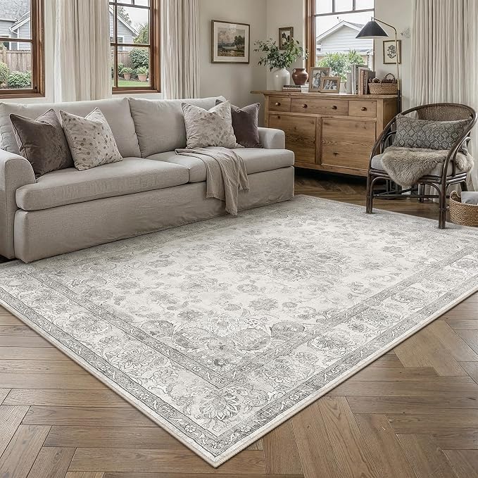 Gray 5x7 Washable Area Rug Bedroom Vintage Distressed Carpet | Soft Low Pile, Non Slip, Stain Resistant, Traditional Retro Decor for Dining Room, Living Room, Office, Kids Room