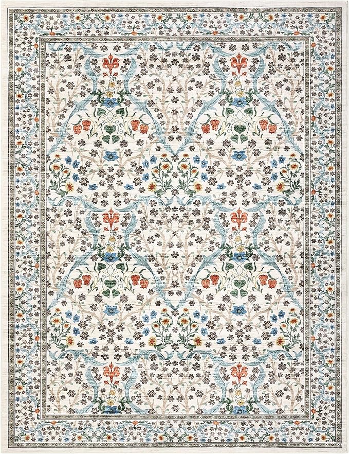 GarveeHome 4x6 Washable Area Rug for Living Room, Floral Large Entryway Kitchen Rug Non Slip, Ultra Soft Stain Resistance Carpet for Bedroom Laundry Room, Beige
