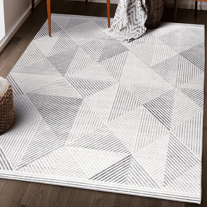 Machine Washable Area Rug - Living Room Bedroom Bathroom Kitchen Entryway Office - Padded Low Pile Stain Resistant Premium - Modern Geometric Contemporary - Miles - Gray 5' x 7'