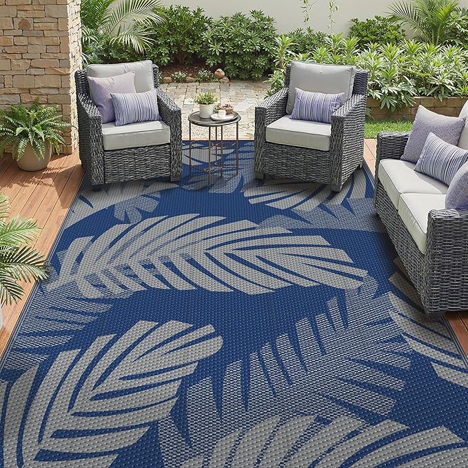 GENIMO Waterproof Outdoor Rug 5' x 8' for Patio Decor, Reversible Plastic Straw Area Rugs for Camping Clearance, RV Mat, Large Outside Carpet for Porch, Deck, Picni, Balcony, Garden, Blue & Grey