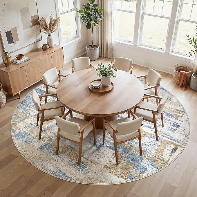 kakania Abstract 12x12 Round Rugs for Living Room: Circle Rugs 12FT Blue | Washable, Soft, Non-Slip, Low-Pile, Pet & Kid Friendly - Large Modern Home Decor Carpet for Bedroom/Dining Room/Nursery