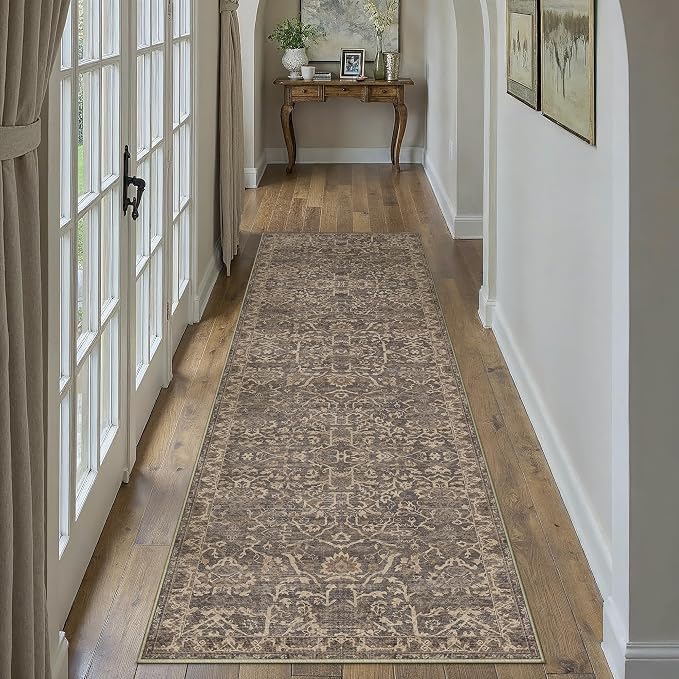 2x8 Brown Vintage Floral Washable Runner Rug for Hallway | Low Pile, Non Slip, Retro Style, Soft Distressed Indoor Rug for Entrance, Kitchen, Bedroom, Laundry Room, Home Decor