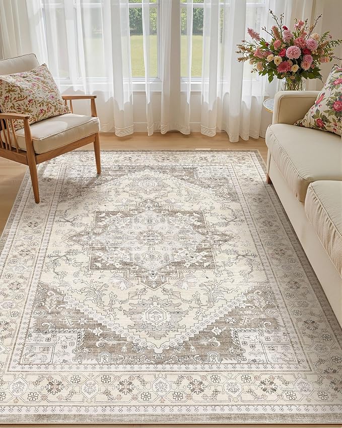 Washable Area Rug-5X8 Vintage Neutral Soft Brown | Non Slip Thin Foldable Large Floor Carpet for Living Room Bedroom Kitchen Dining Room Home Office Farmhouse Indoor