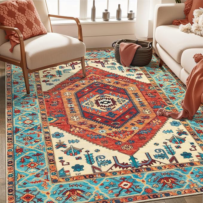 SERISSA 3x5 Washable Non Slip Boho Area Rug for Bedroom，Orange | Ultra Soft Vintage Oriental Carpet Low-Pile Distressed Tribal Throw Rug Carpet for Living Room Nursery Kitchen Dorm Decor
