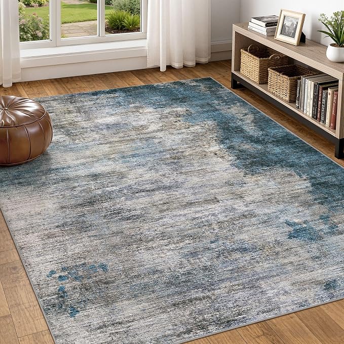 DMOYEST 5x7 Area Rug for Living Room Washable Abstract Indoor Carpet | Neutral Modern Low Pile Rugs Kid & Pet Friendly Large Soft Thin Carpet for Bedroom Dining Room - Dark Grey Blue