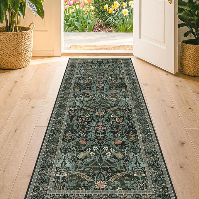2x5 Runner Rug Non Slip Washable - Small Bathroom Runner Rug Non Slip, Dark Green Floral Pattern Soft Carpet Runner for Entryway Kitchen Bedroom Bedside, Waterproof Mats for Laundry (Olive Green)