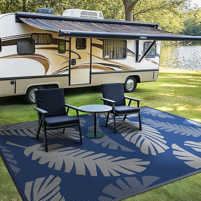 GENIMO Waterproof Outdoor Rug 6' x 9' for Patio Decor, Reversible Plastic Straw Area Rugs for Camping Clearance, RV Mat, Large Outside Carpet for Porch, Deck, Picni, Balcony, Garden, Navy Blue & Grey