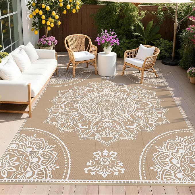 Pauwer Waterproof Outdoor Rug 9x12, Reversible Plastic Straw Patio Camping Rug, Indoor Outdoor RV Mat Carpet for Deck, Camper, Porch, Balcony, Backyard, Picnic, Floral Brown