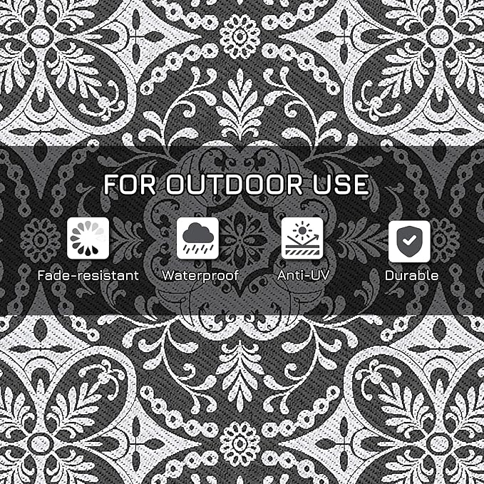 Outsunny Outdoor Rug for Patio, 9' x 18' Waterproof Large Mat, Reversible Plastic Straw Rug for Decor, Portable Outside RV Camping Area Carpet Mat for Backyard Porch Deck Picnic, Gray & White Floral
