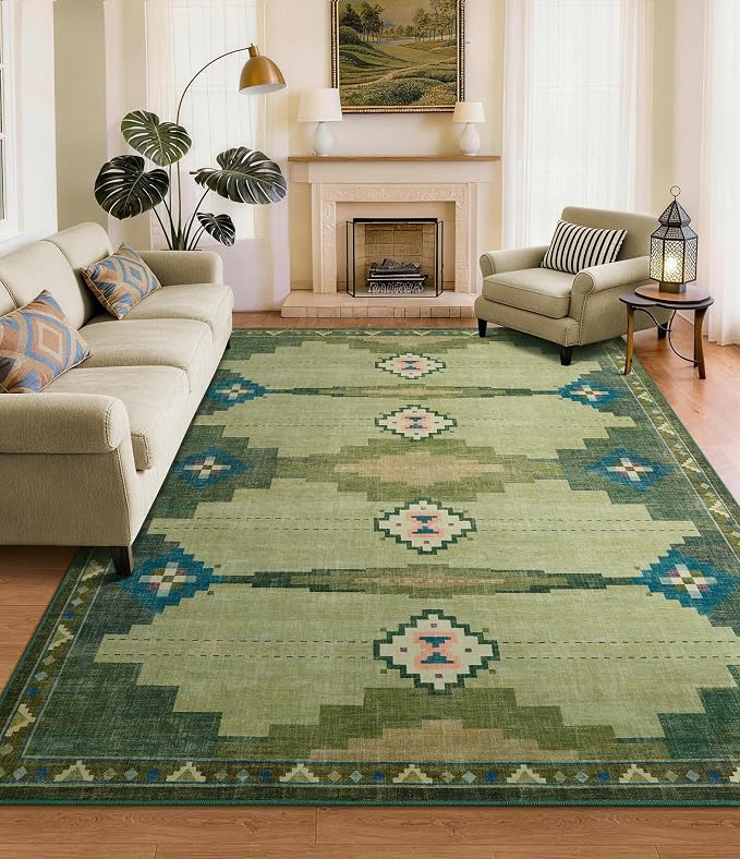 9’x12’ Washable Green Mid Century Modern Area Rug for Living Room | Soft, Non-Slip, Low Pile, Funky Retro Aztec Large Rug for Bedroom Dining Room Playroom, Green