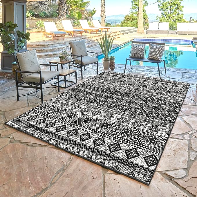 Gertmenian Indoor Outdoor Bohemian Area Rug - 5x7 Standard, Fade Resistant, Ideal for High Traffic in Living Room, Bedroom, Patio - Moroccan, Black, 27105