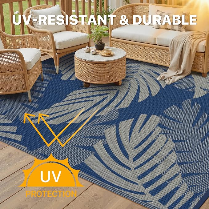 GENIMO Waterproof Outdoor Rug 6' x 9' for Patio Decor, Reversible Plastic Straw Area Rugs for Camping Clearance, RV Mat, Large Outside Carpet for Porch, Deck, Picni, Balcony, Garden, Blue & Grey