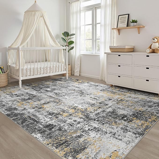 LOONGRUG 7x9 Area Rug Washable Neutral Modern Living Room Rug Black Gold | Abstract Soft Stain Resistant Indoor Non-Slip Carpet for Bedroom Nursery Kids Office Playroom Dining Room